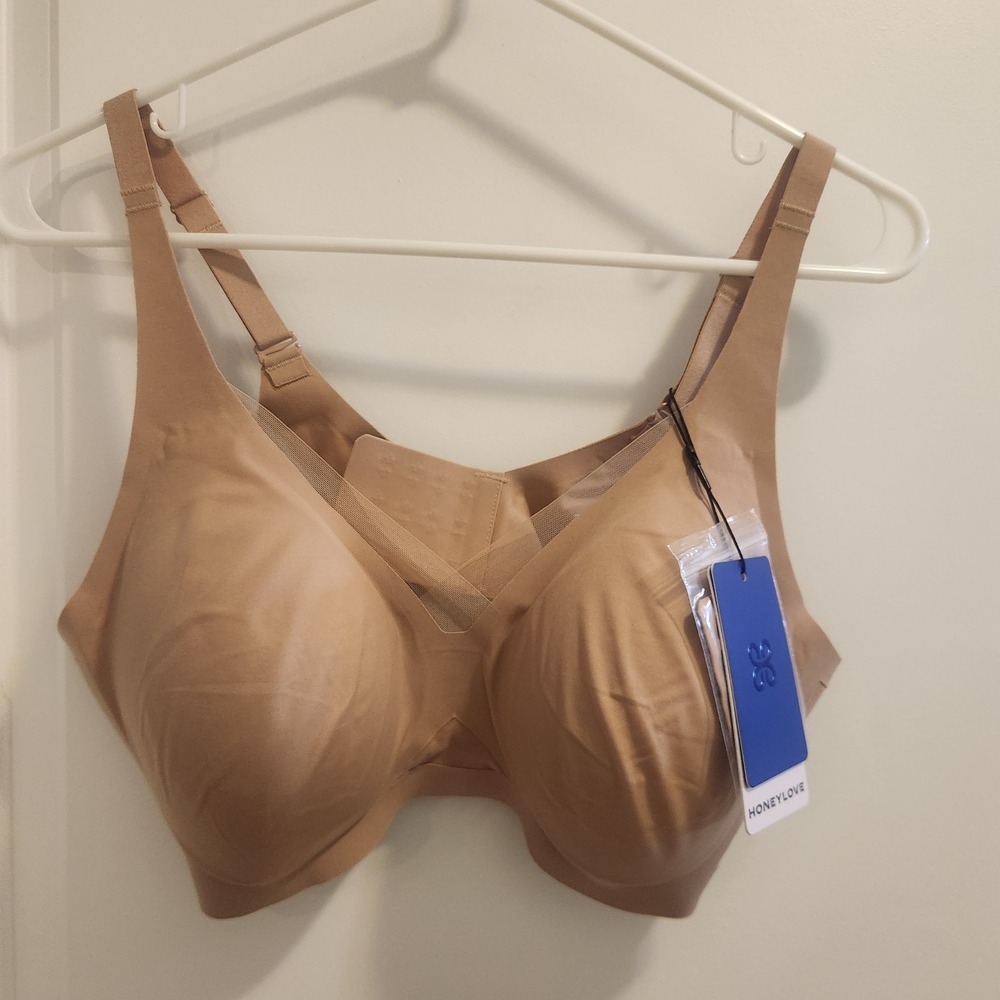 Honeylove CrossOver Bra Tan Nude Wire-Free Support Bralette Large NEW